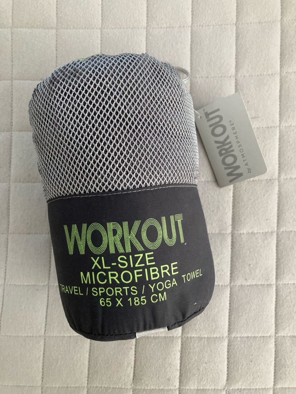 Atmosphere Workout XL-Size Microfibre Towel in Grey and Black w: Lime Text/Trim